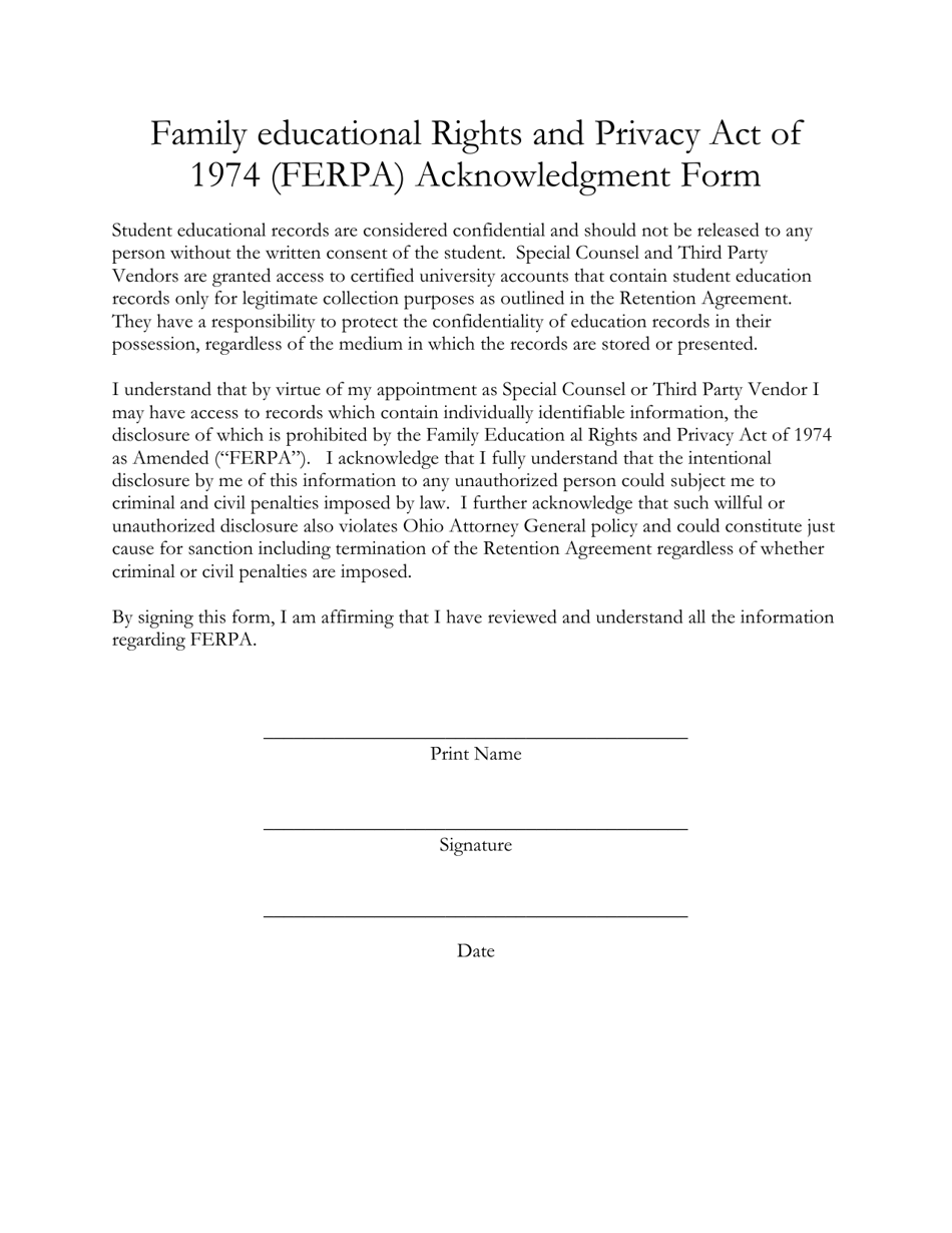 Family Educational Rights and Privacy Act of 1974 (Ferpa) Acknowledgment Form - Ohio, Page 1