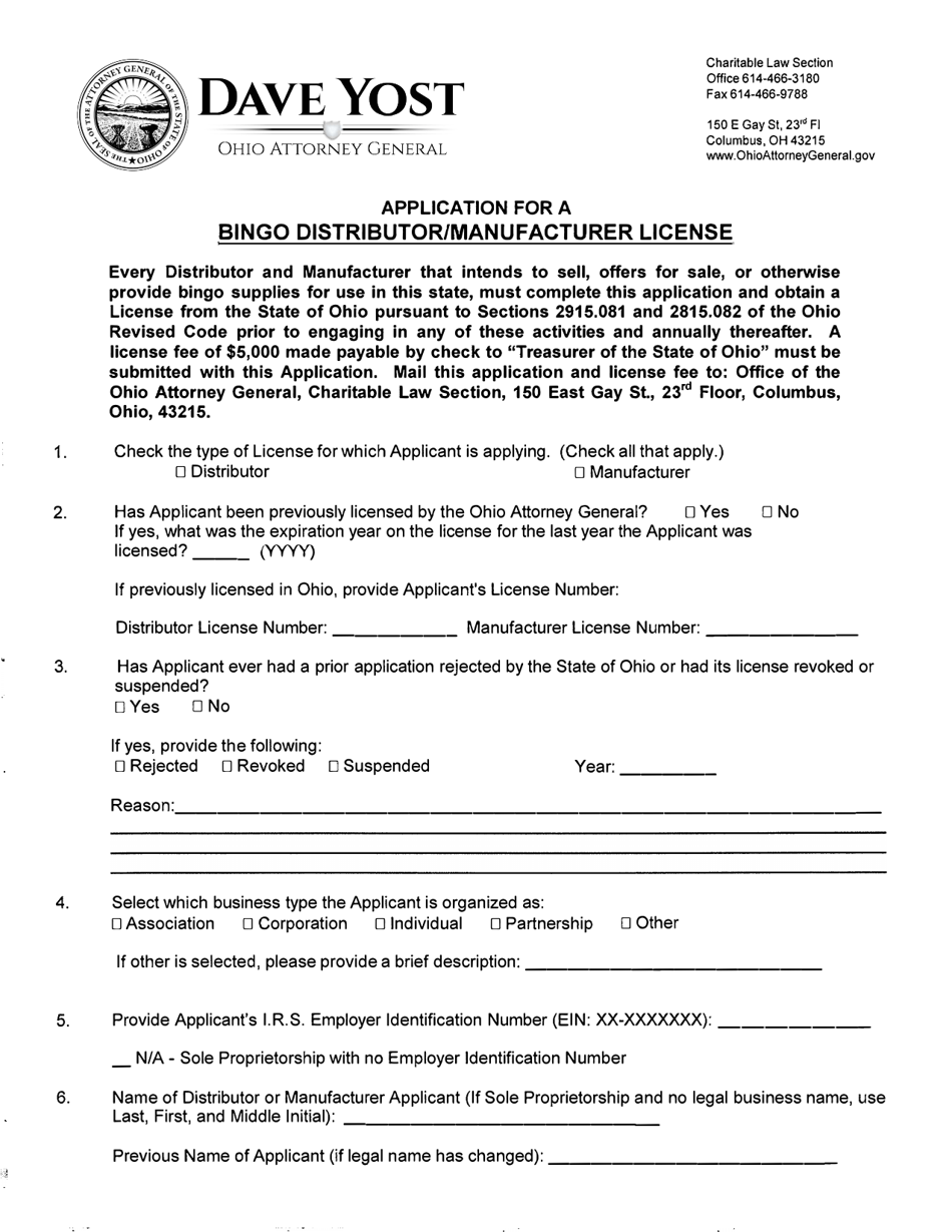Application for a Bingo Distributor / Manufacturer License - Ohio, Page 1