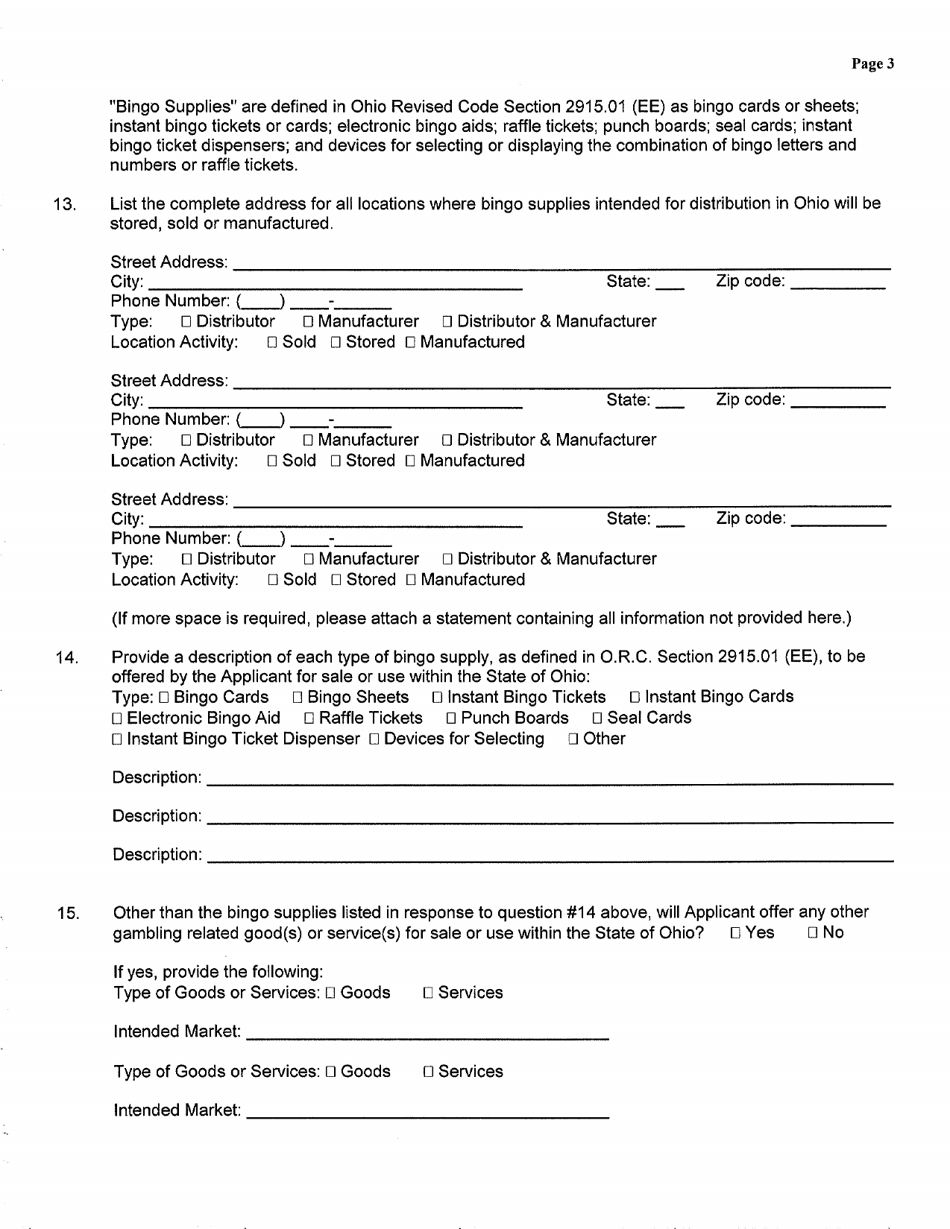Ohio Application for a Bingo Distributor/Manufacturer License Fill