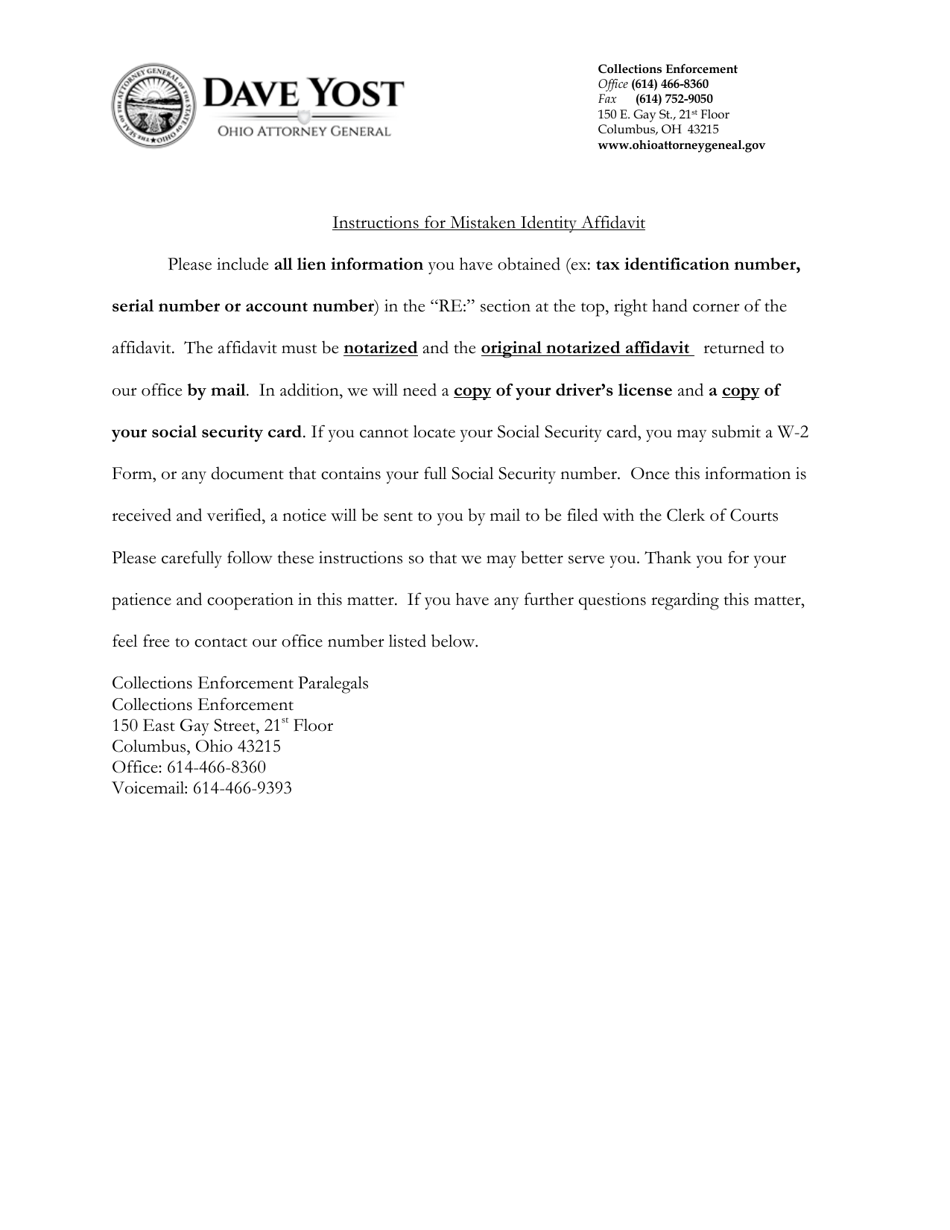 Affidavit Regarding Mistaken Identity - Ohio, Page 1