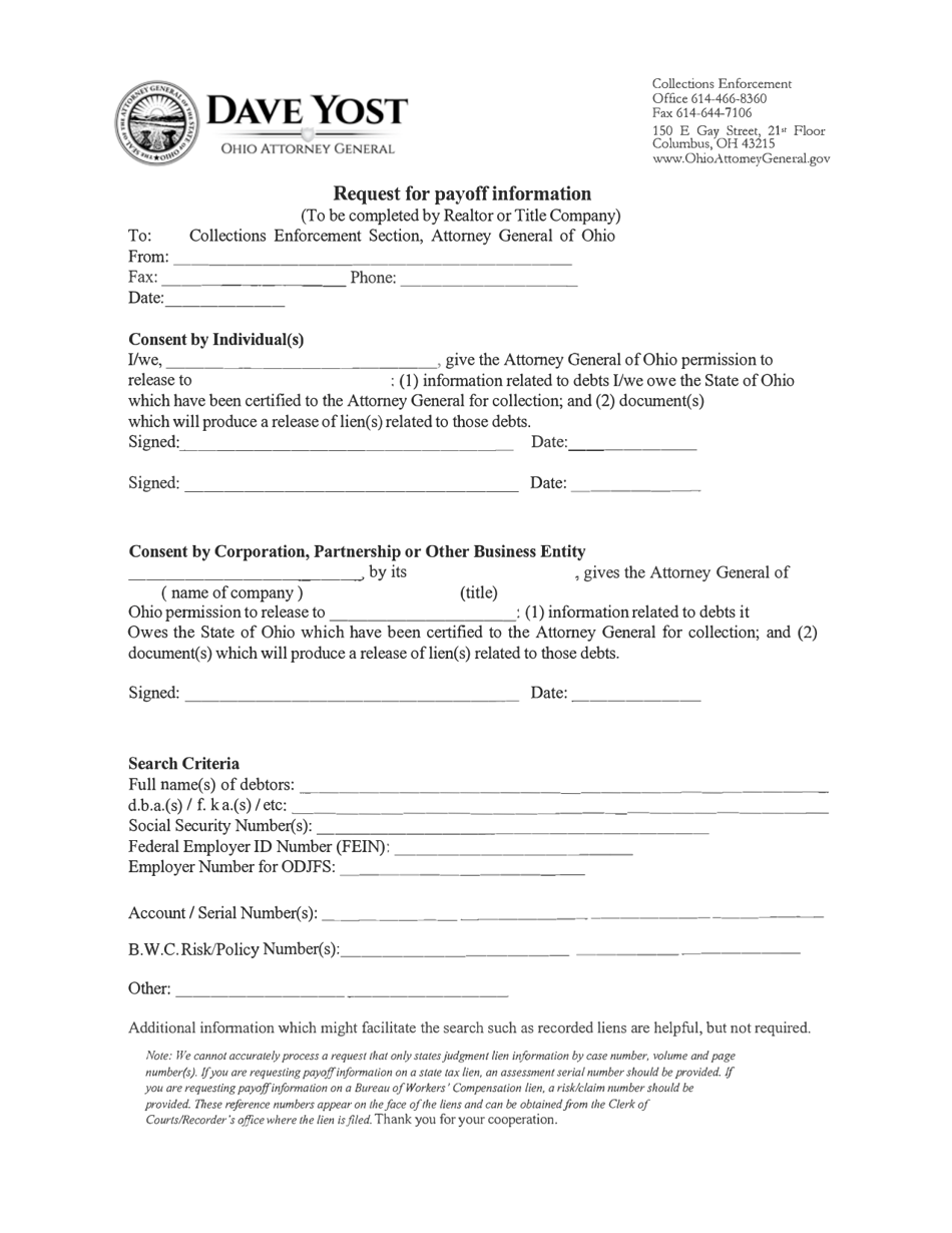 Ohio Request for Payoff Information Fill Out, Sign Online and Download PDF Templateroller