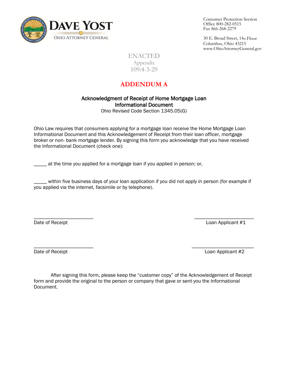 Addendum A Acknowledgment of Receipt of Home Mortgage Loan Informational Document - Ohio, Page 1