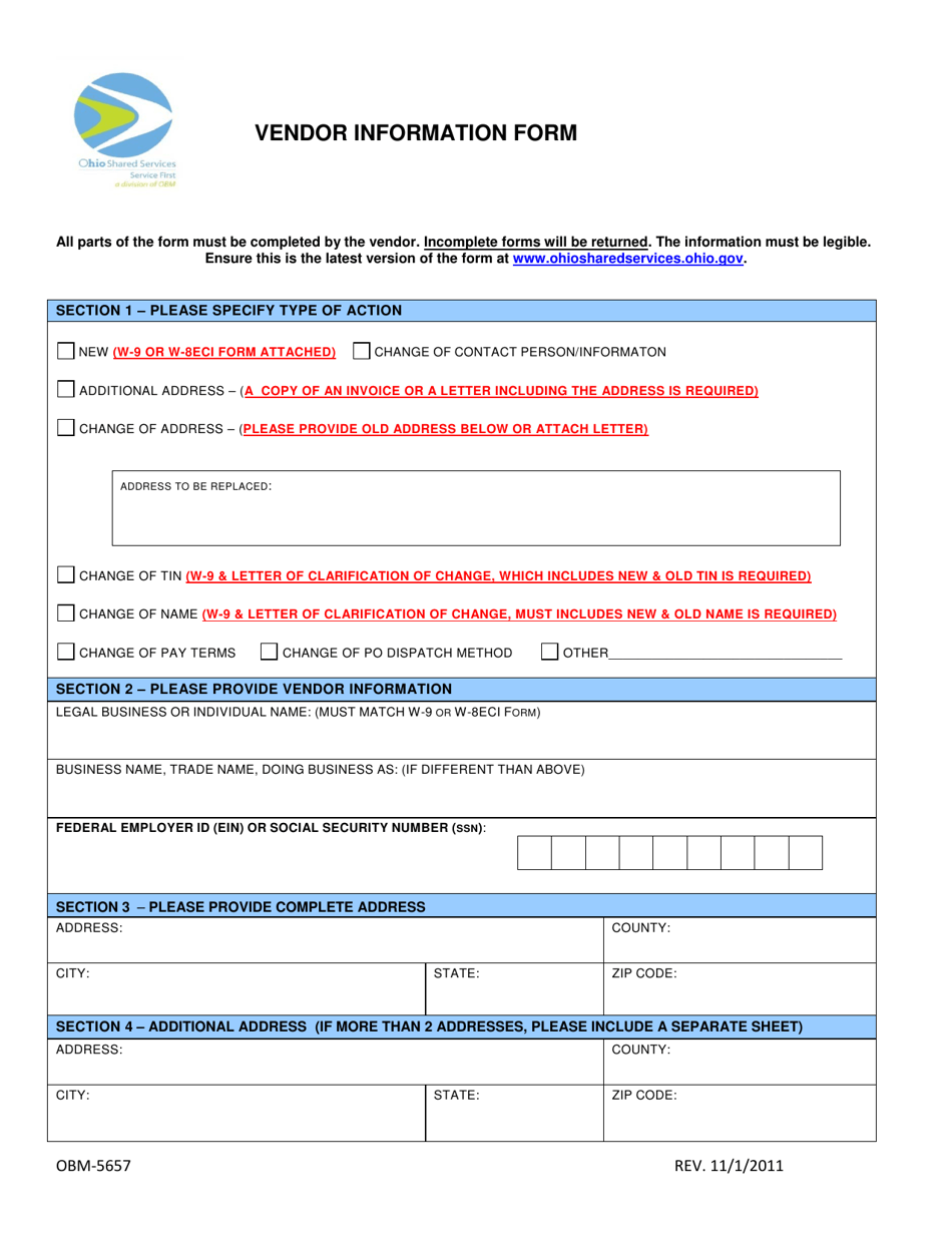 Form OBM-5657 Vendor Information Form - Ohio, Page 1