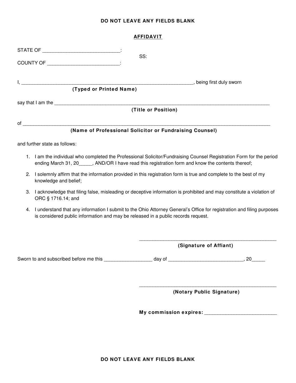Registration Affidavit Form - Ohio, Page 1