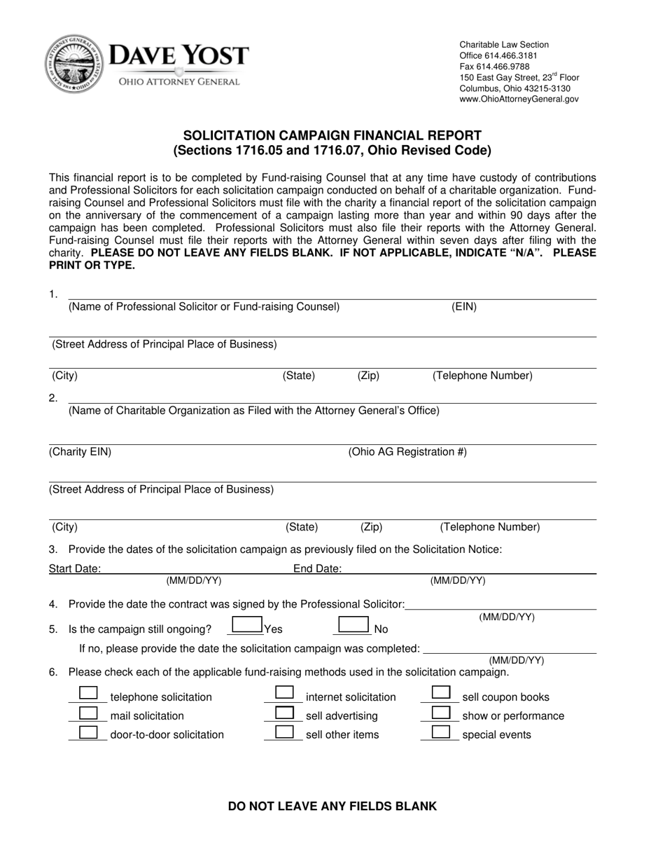 Solicitation Campaign Financial Report Form - Ohio, Page 1