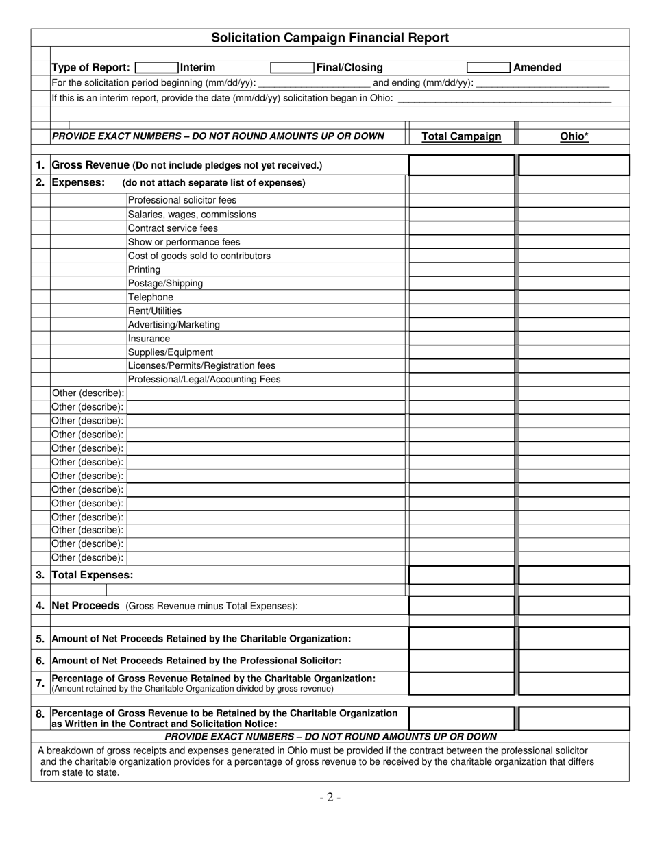 Ohio Solicitation Campaign Financial Report Form Fill Out, Sign