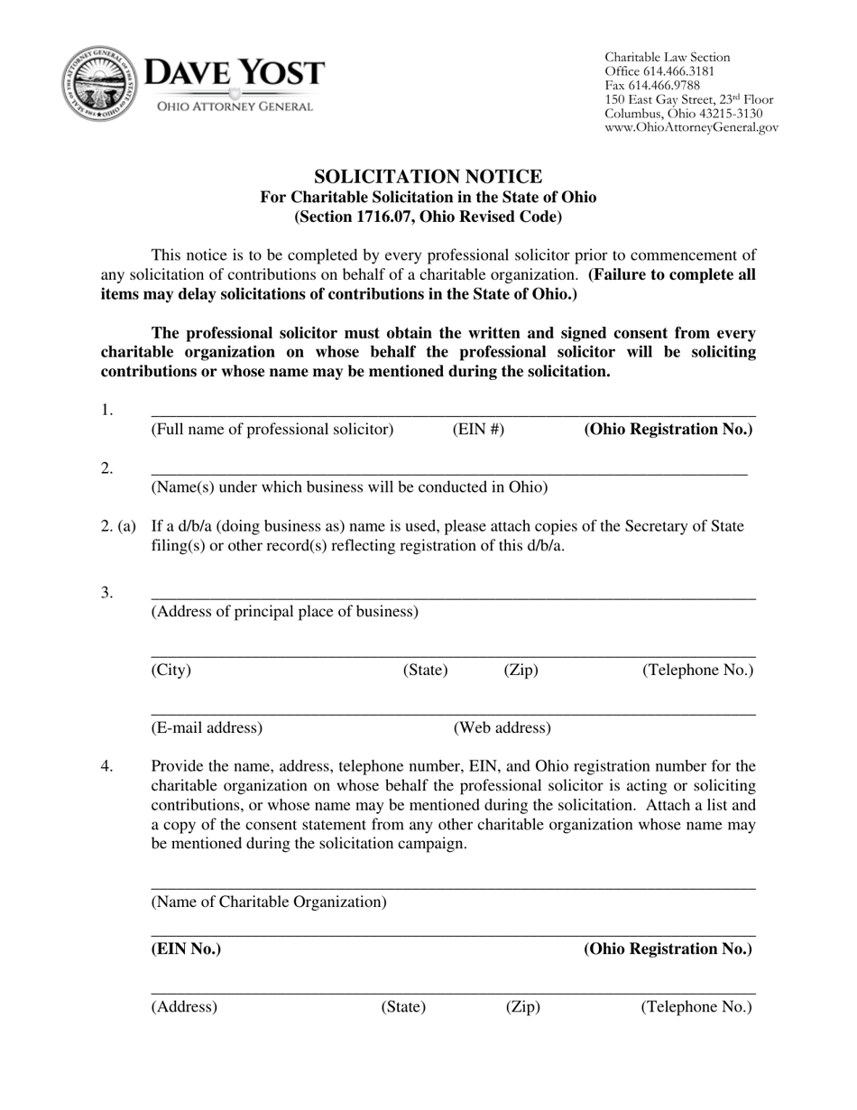 Solicitation Notice for Charitable Solicitation in the State of Ohio (Section 1716.07, Ohio Revised Code) - Ohio, Page 1