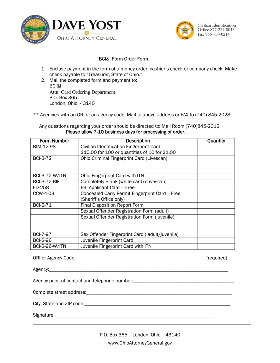 Bcii Form Order Form - Ohio, Page 1
