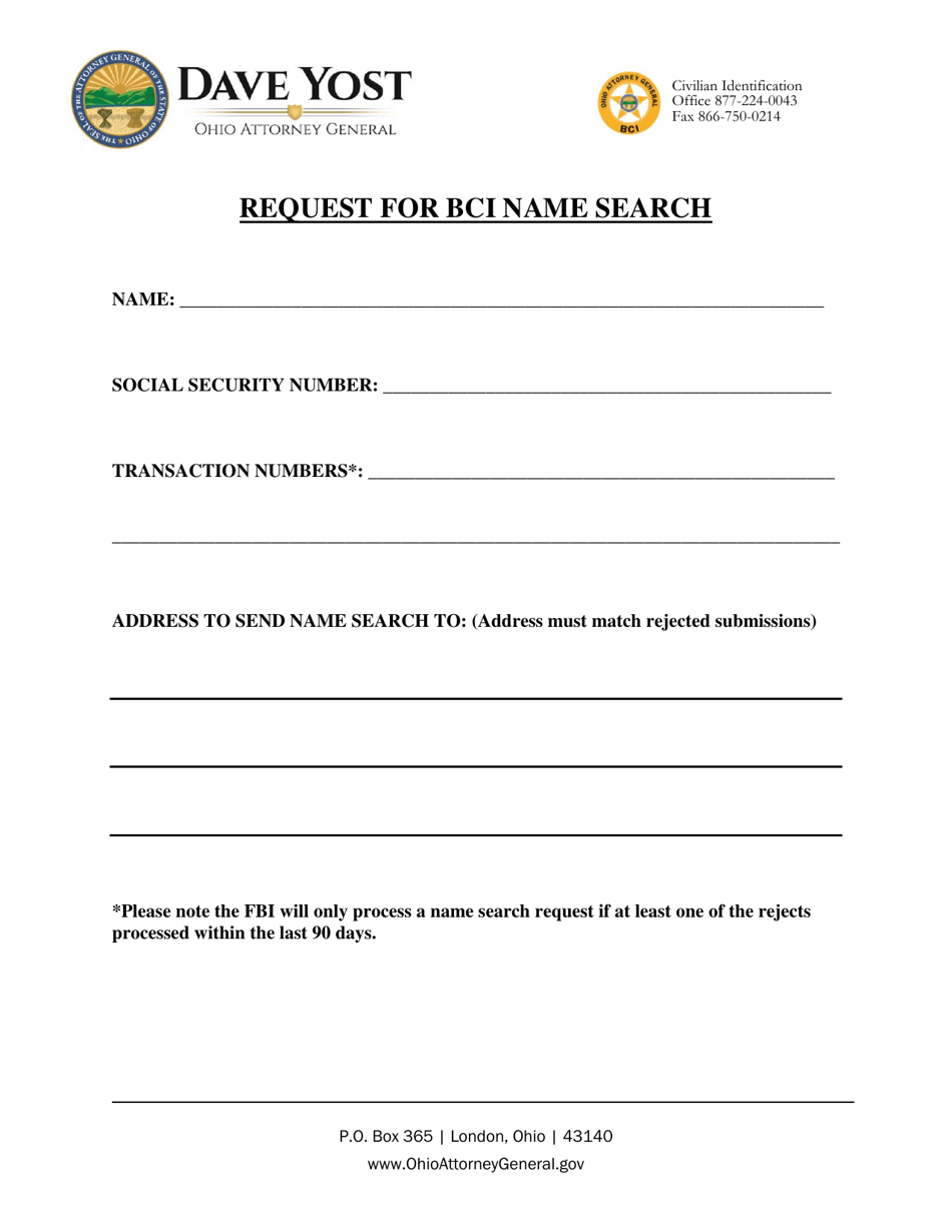 Request for Bci Name Search - Ohio, Page 1