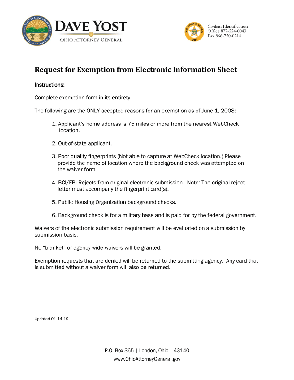 Ohio Request for Exemption From Electronic Fingerprint Submission