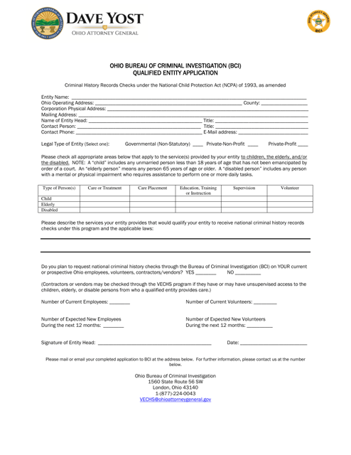 Bureau of Criminal Investigation (Bci) Qualified Entity Application Form - Ohio