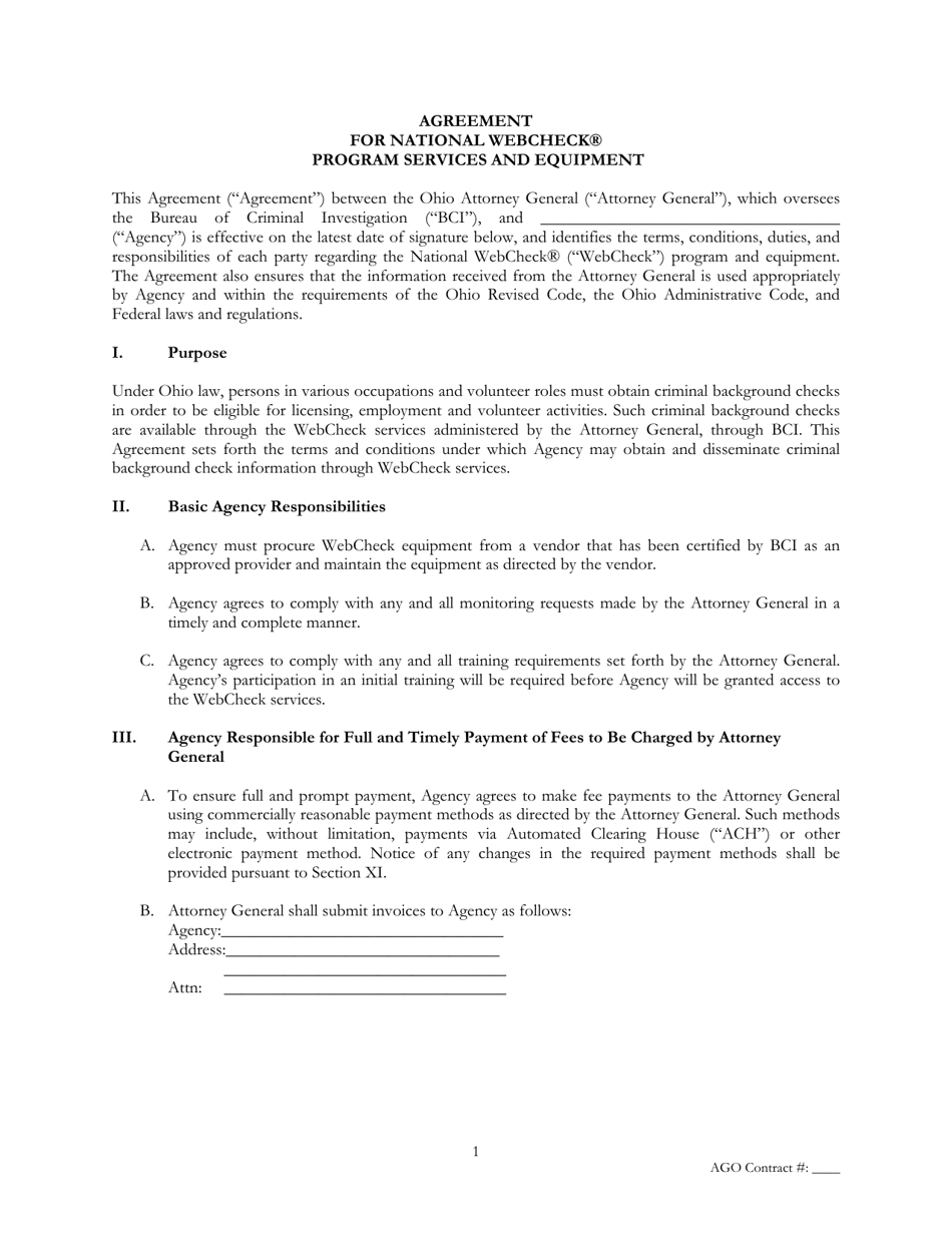 Agreement for National Webcheck Program Services and Equipment - Ohio, Page 1
