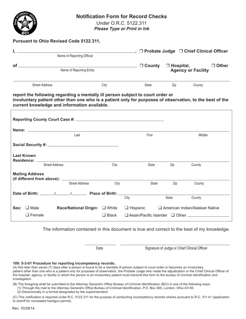 Notification Form for Record Checks - Ohio