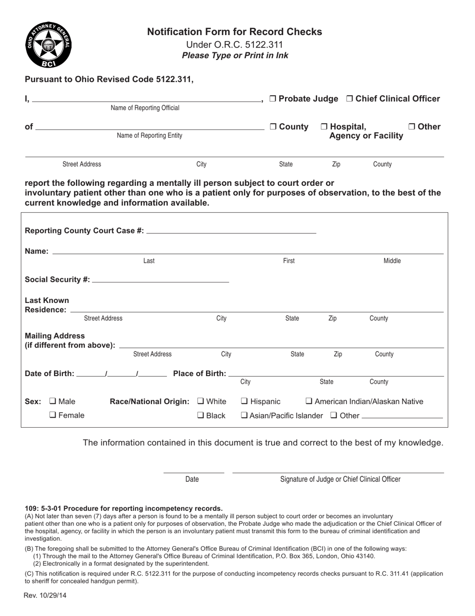 Notification Form for Record Checks - Ohio, Page 1