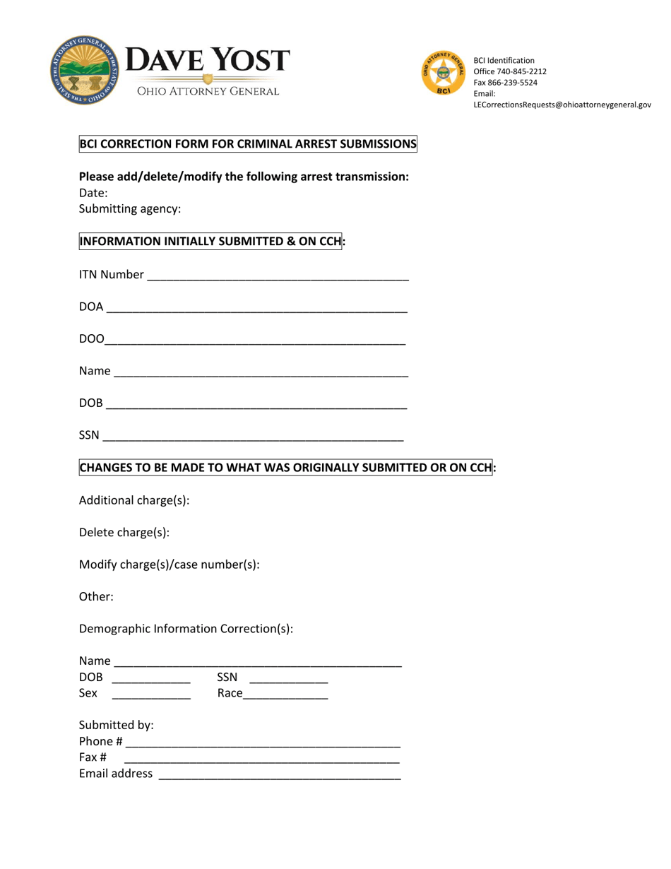Bci Correction Form for Criminal Arrest Submissions - Ohio, Page 1