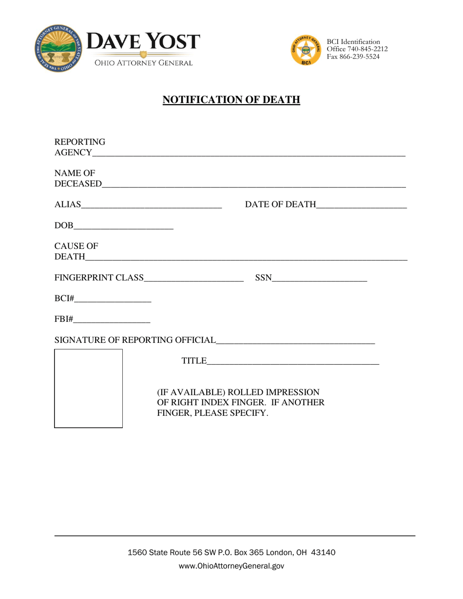 Ohio Notification of Death Fill Out, Sign Online and Download PDF