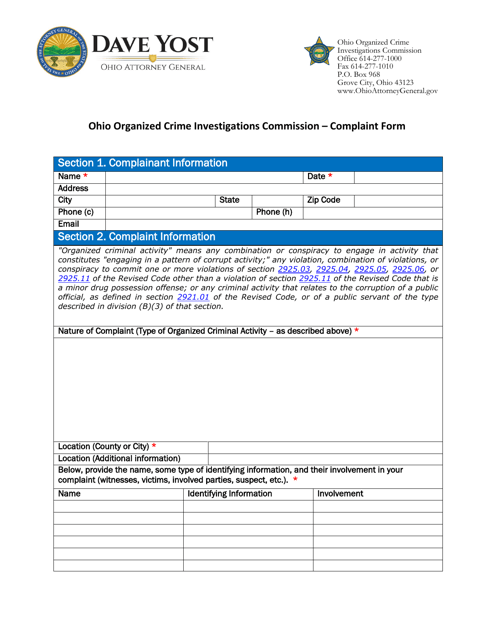 Ohio Organized Crime Investigations Commission - Complaint Form - Ohio Download Pdf
