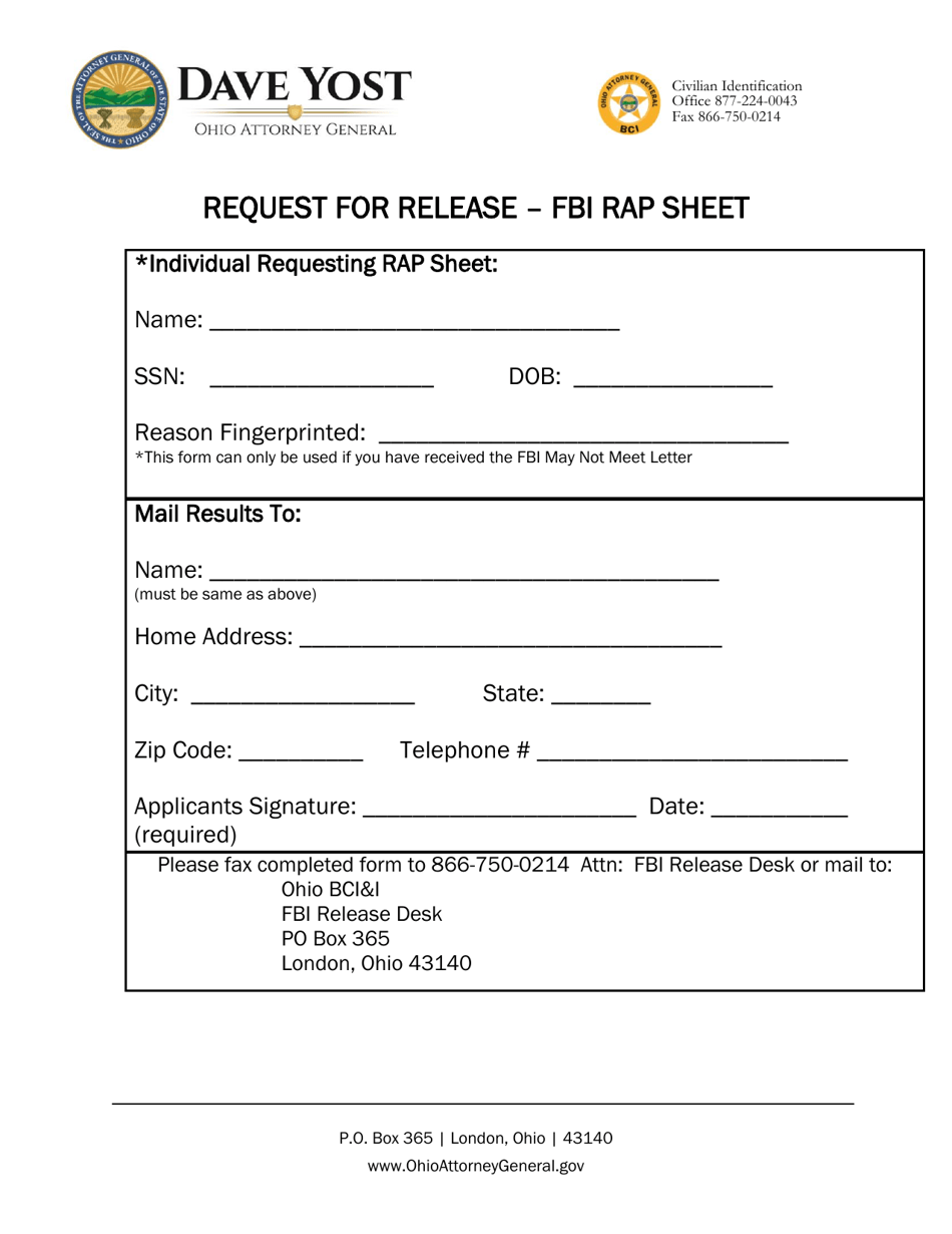 Ohio Request for Release Fbi Rap Sheet Fill Out, Sign Online and