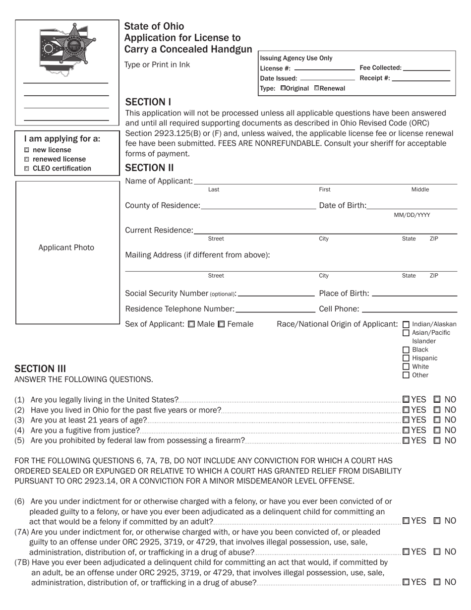 Application for License to Carry a Concealed Handgun - Ohio, Page 1