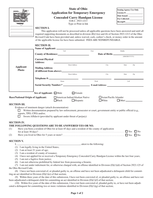 Application for Temporary Emergency Concealed Carry Handgun License - Ohio Download Pdf