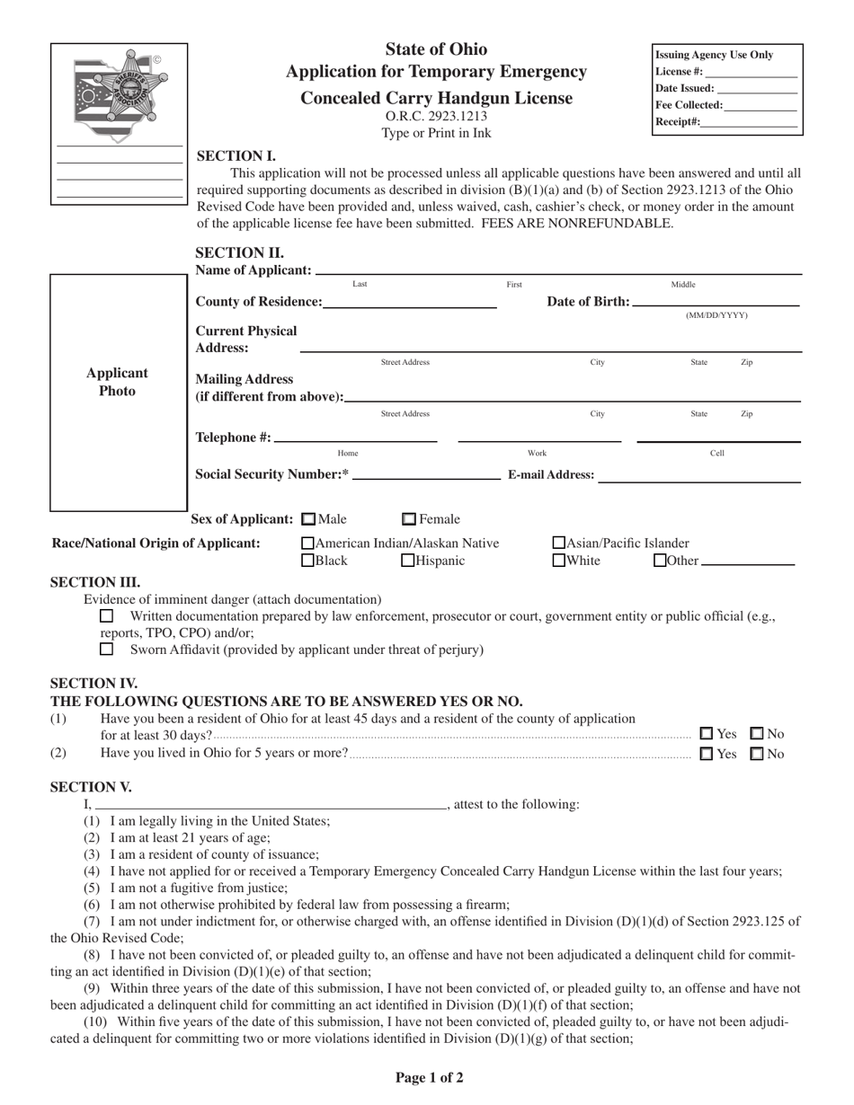 Application for Temporary Emergency Concealed Carry Handgun License - Ohio, Page 1