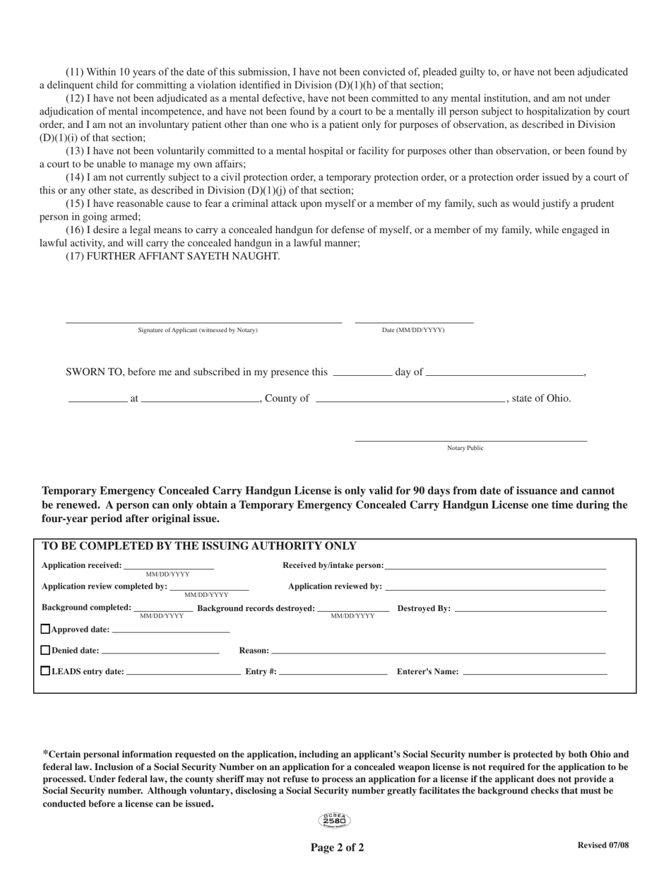 Ohio Application for Temporary Emergency Concealed Carry Handgun ...