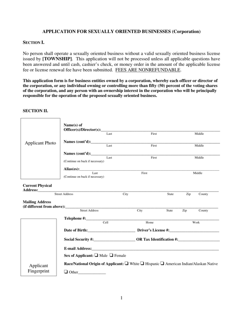 Application for Sexually Oriented Businesses (Corporation) - Ohio Download Pdf
