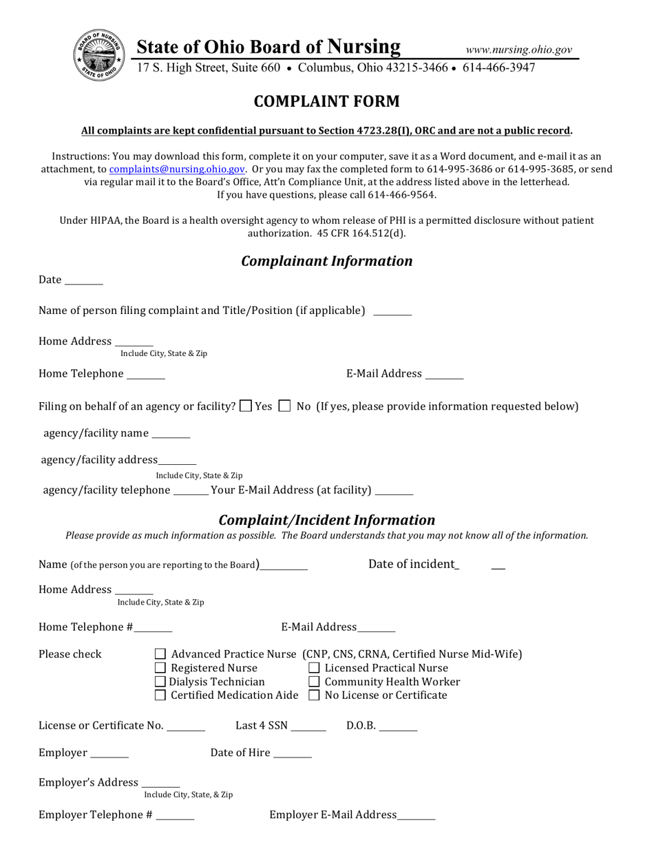 Complaint Form - Ohio, Page 1
