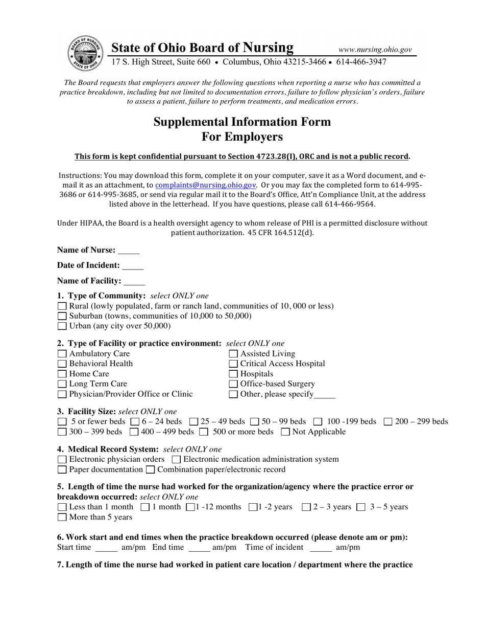 Supplemental Information Form for Employers - Ohio, Page 1