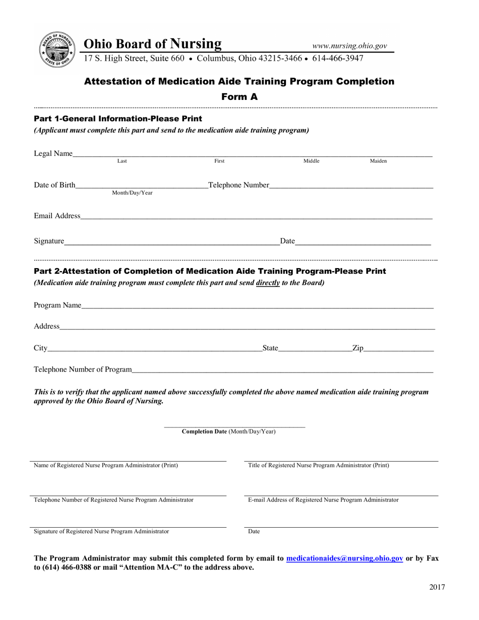 Form A Attestation of Medication Aide Training Program Completion - Ohio, Page 1