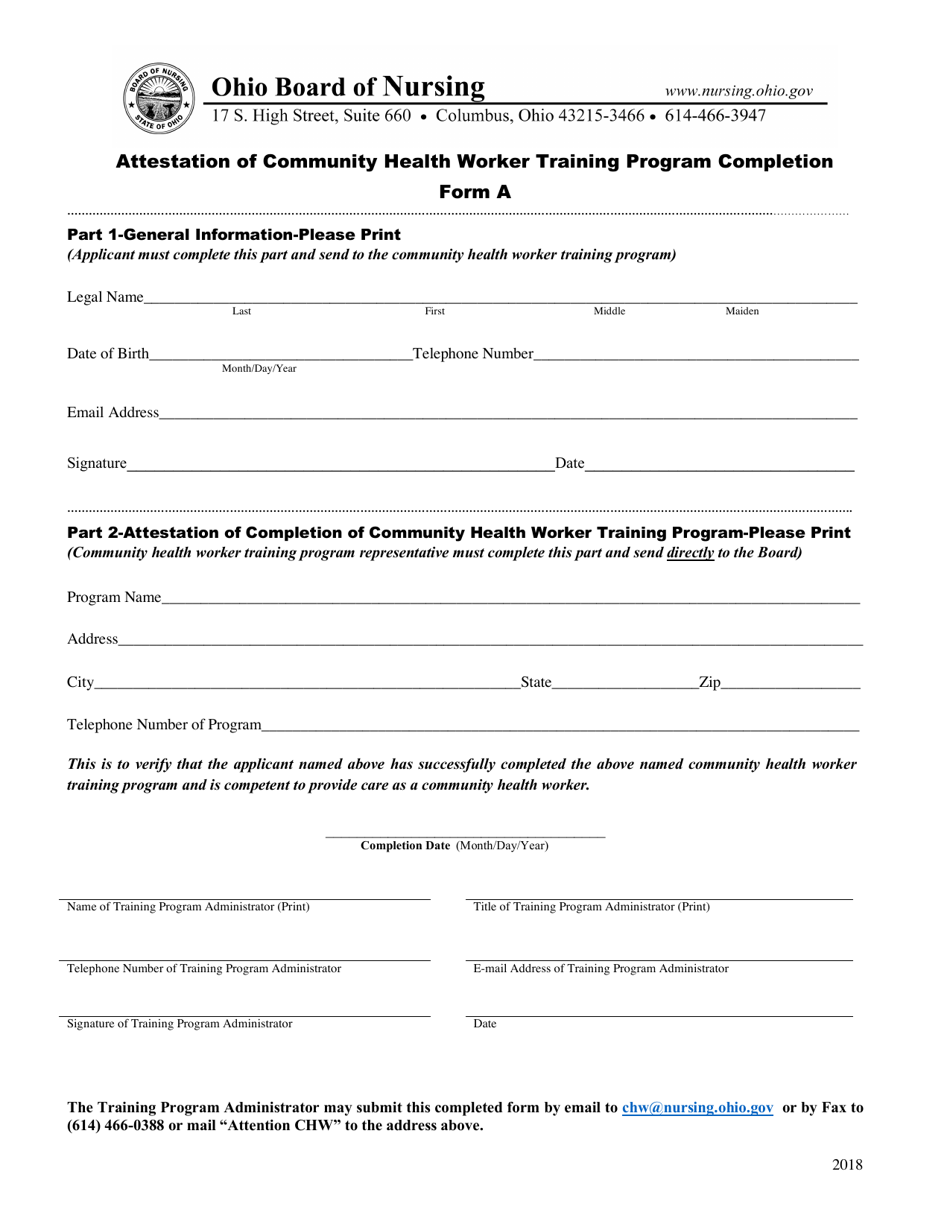 Form A Attestation of Community Health Worker Training Program Completion - Ohio, Page 1