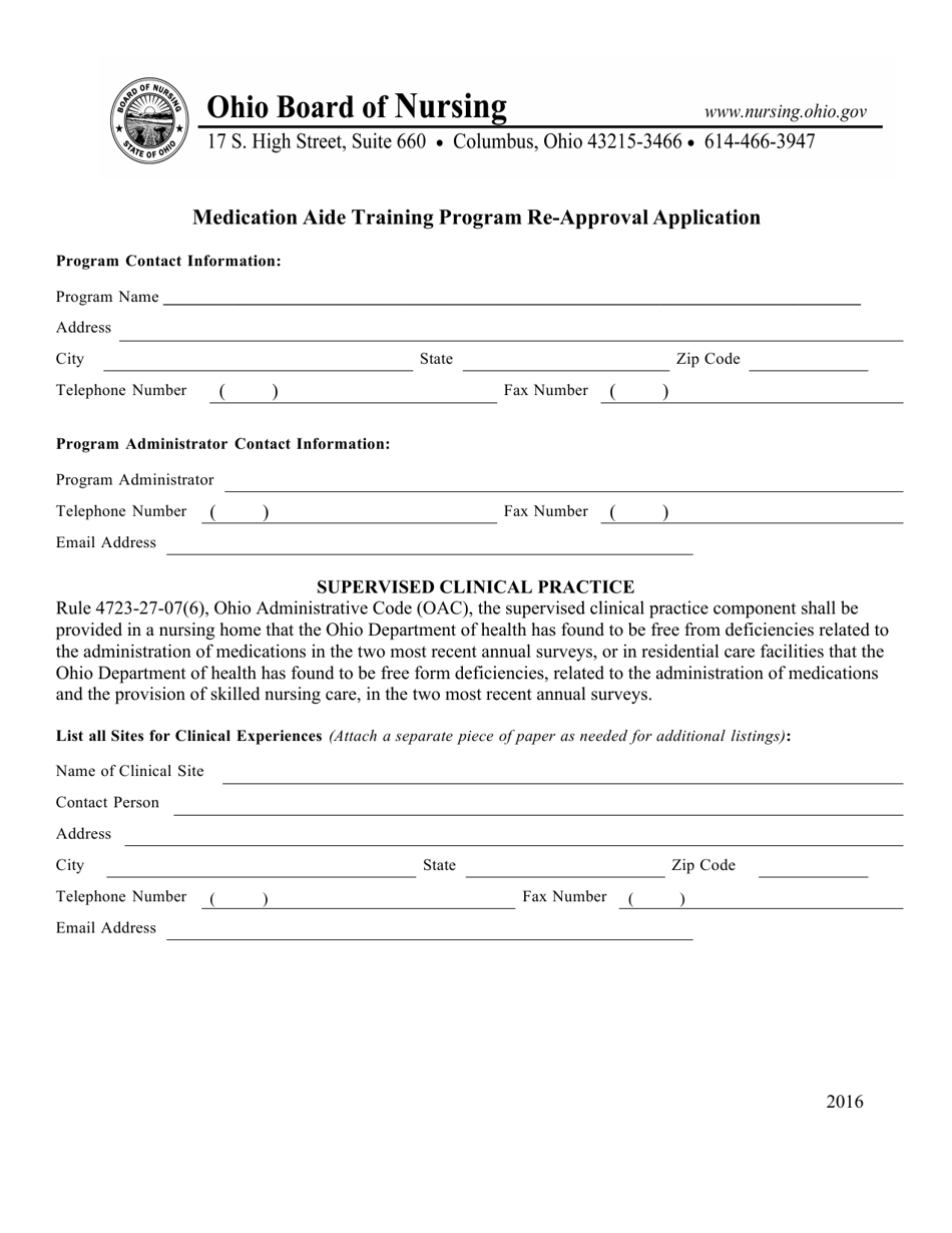 Ohio Medication Aide Training Program Re approval Application Form