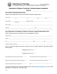 Form A Attestation of Dialysis Technician Training Program Completion - Ohio