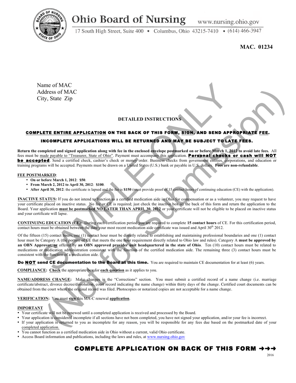 Medication Aide Renewal Application Form - Sample - Ohio, Page 1
