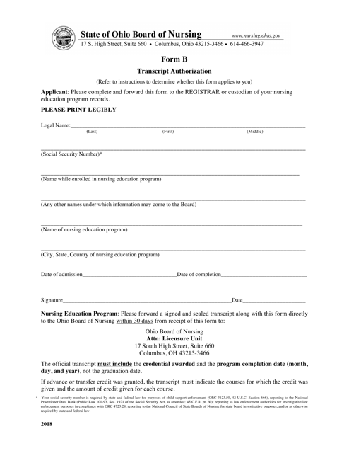 Form B Examination Application - Transcript Authorization - Ohio