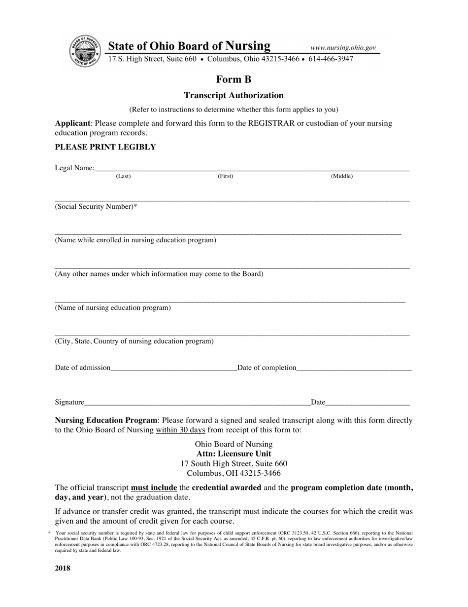 Form B Examination Application - Transcript Authorization - Ohio, Page 1