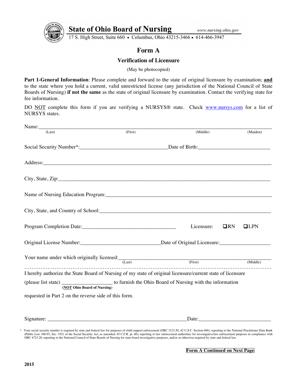 Form A Verification of Licensure - Ohio, Page 1