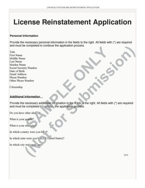 Lpn License Reactivation and Reinstatement Application Form - Sample - Ohio