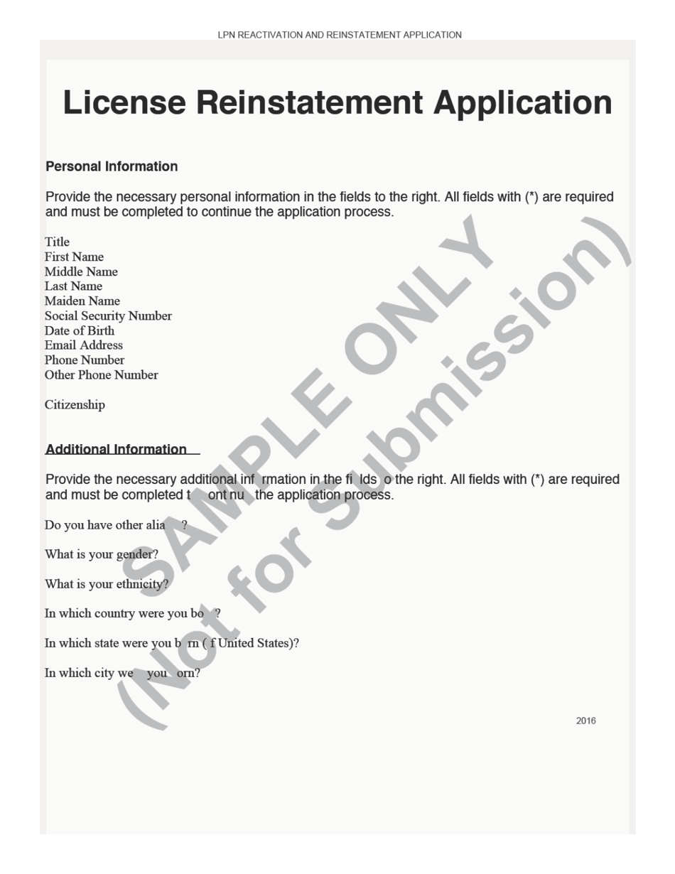 Lpn License Reactivation and Reinstatement Application Form - Sample - Ohio, Page 1