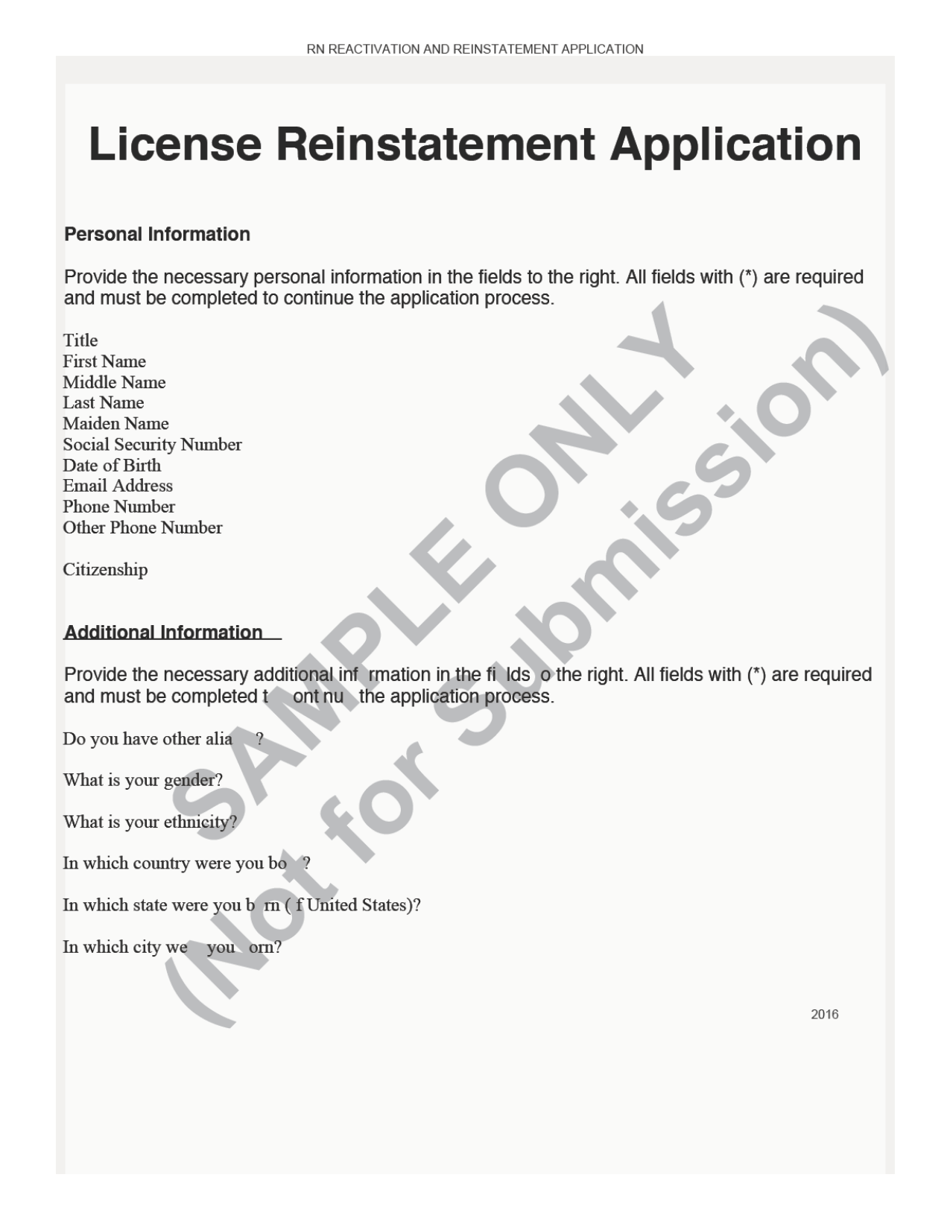 Rn License Reactivation and Reinstatement Application Form - Sample - Ohio, Page 1