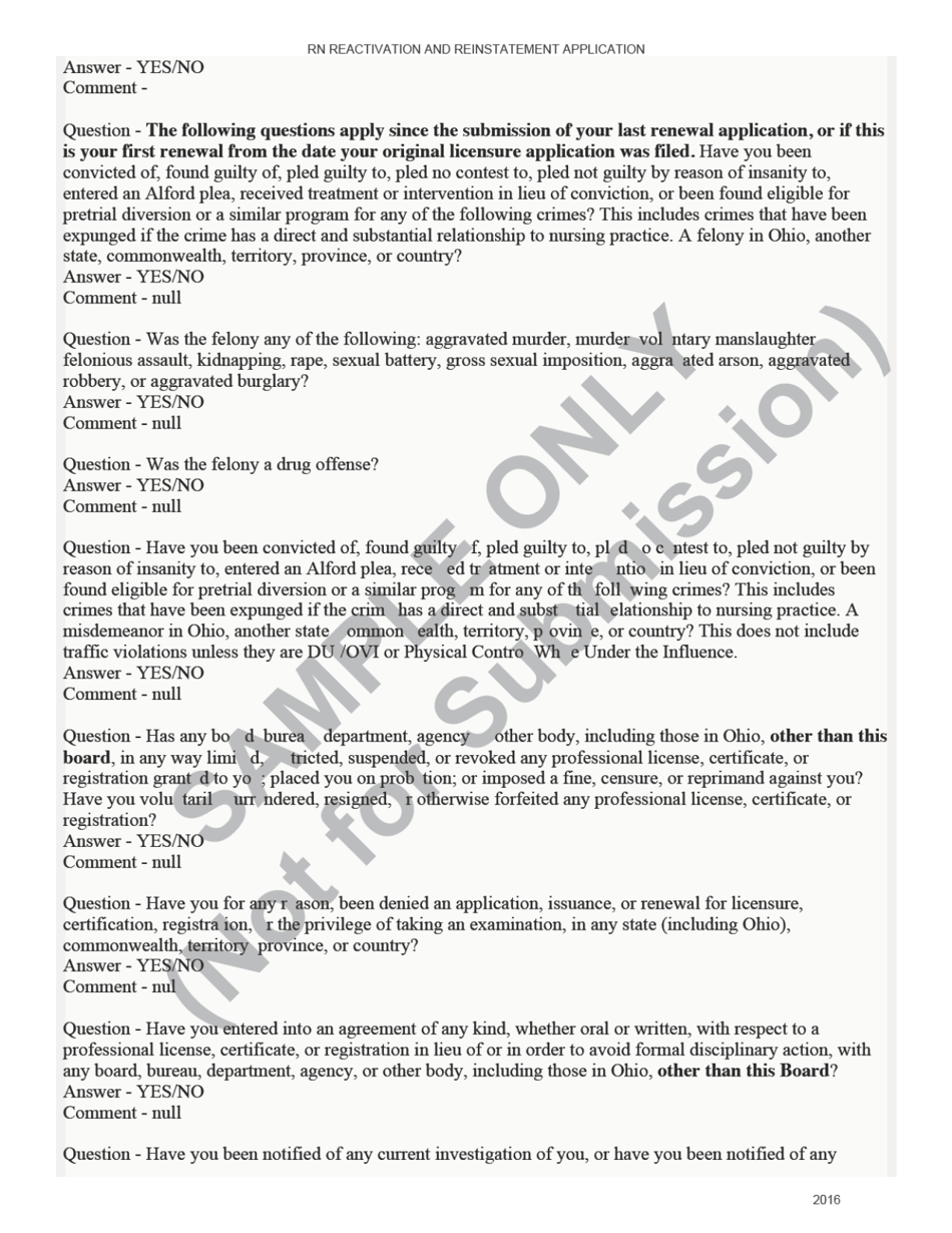 Rn License Reactivation and Reinstatement Application Form - Sample - Ohio, Page 4