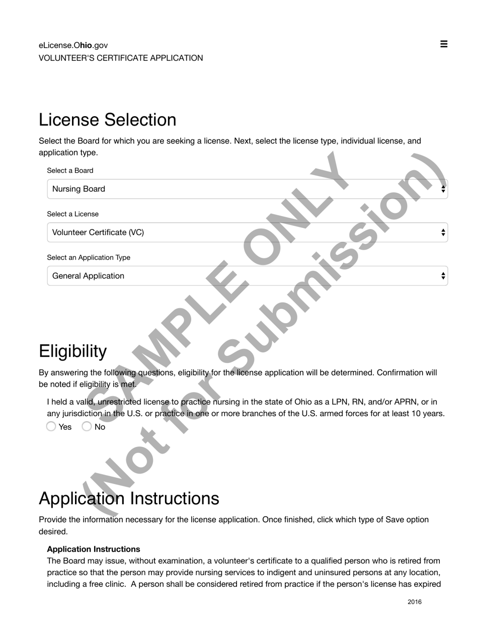 Volunteers Certificate Application Form - Sample - Ohio, Page 1