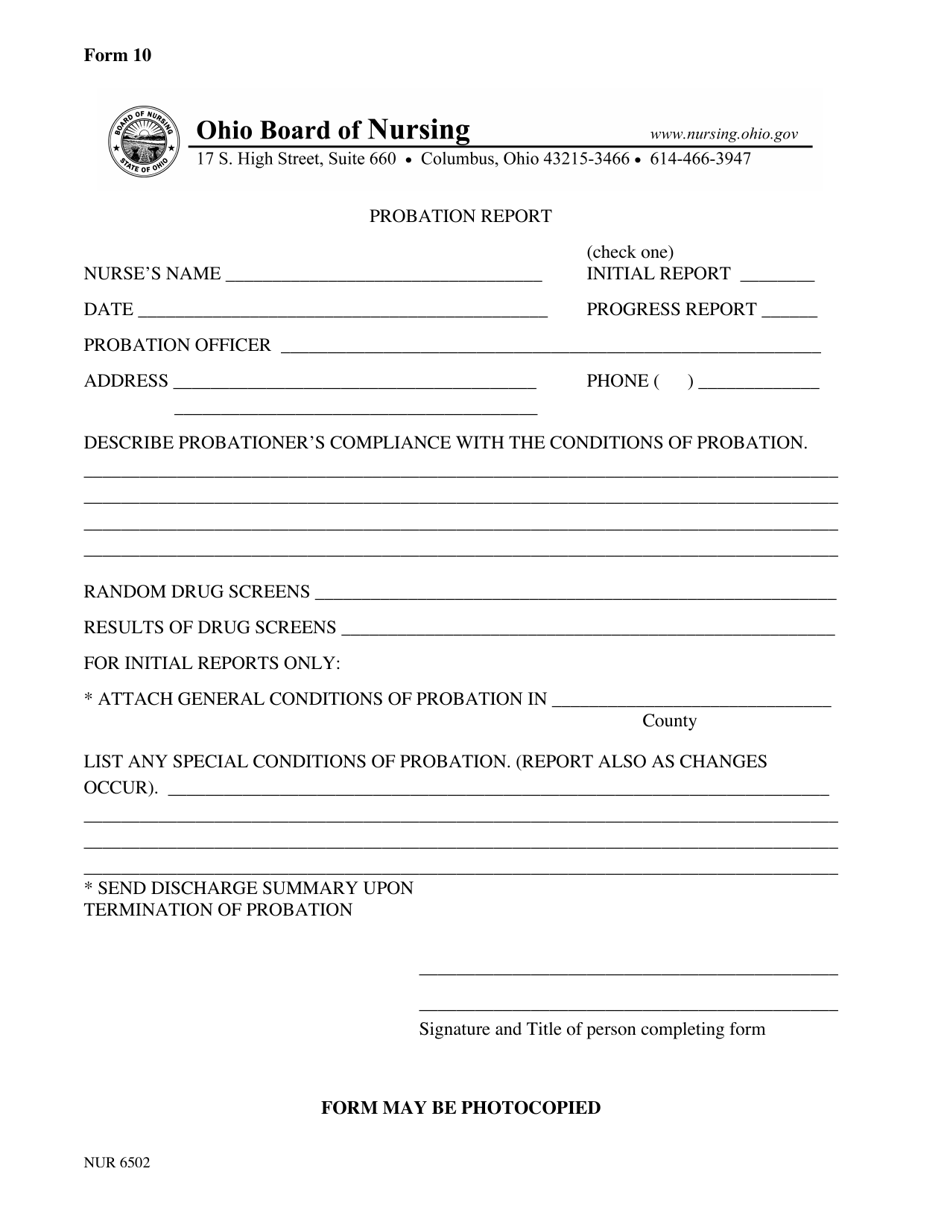 Form 10 Probation Report - Ohio, Page 1