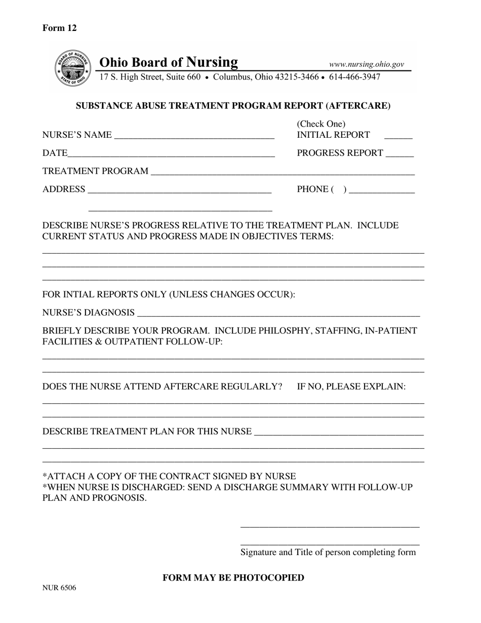 Form 12 Substance Abuse Treatment Program Report (Aftercare) - Ohio, Page 1