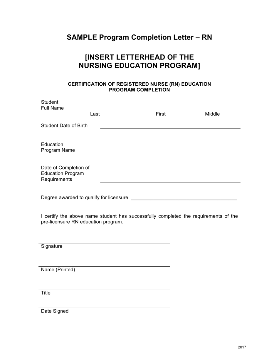 Sample Program Completion Letter Form - Registered Nurse - Ohio, Page 1