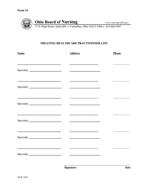 Form 14 Treating Healthcare Practitioner List - Ohio