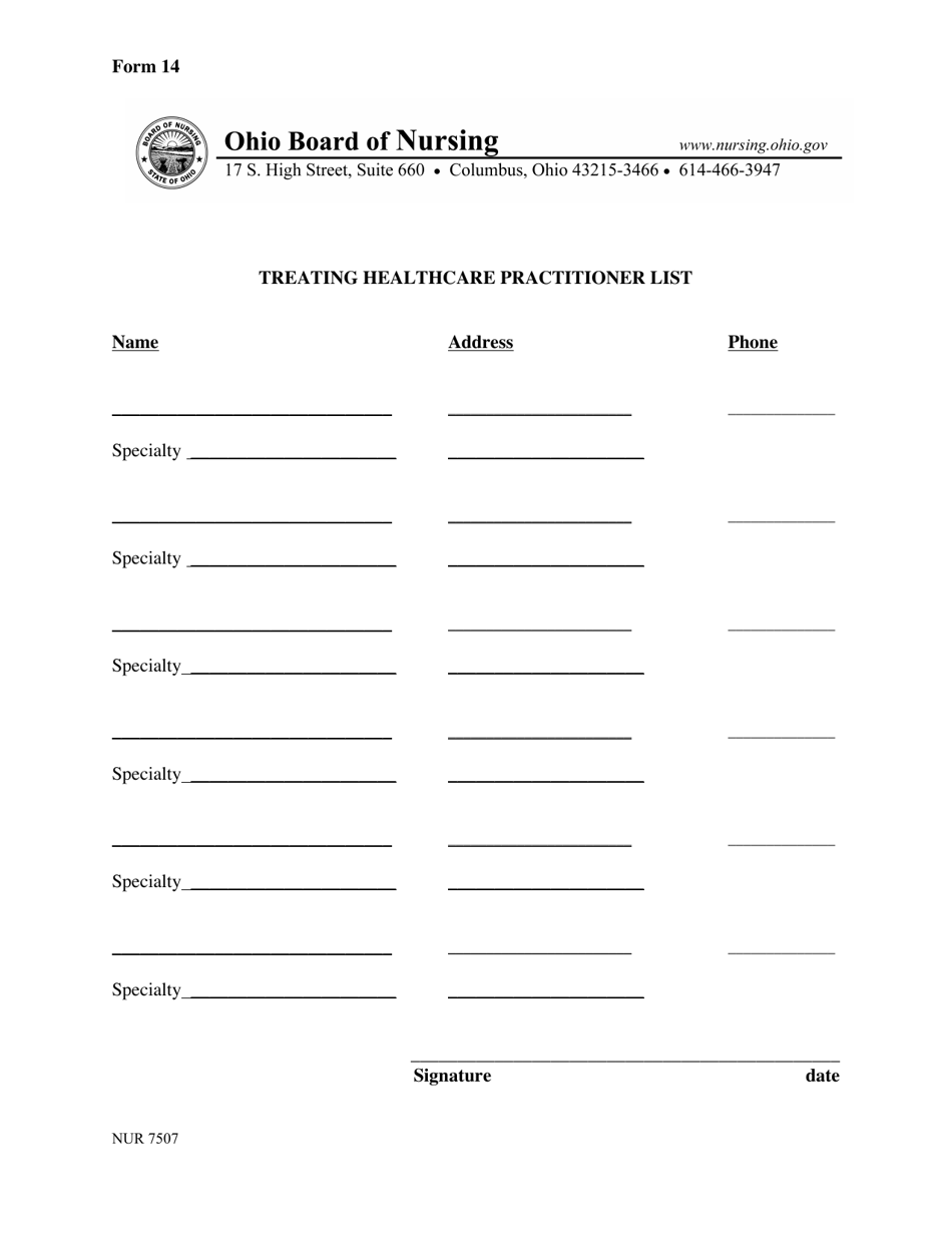 Form 14 Treating Healthcare Practitioner List - Ohio, Page 1