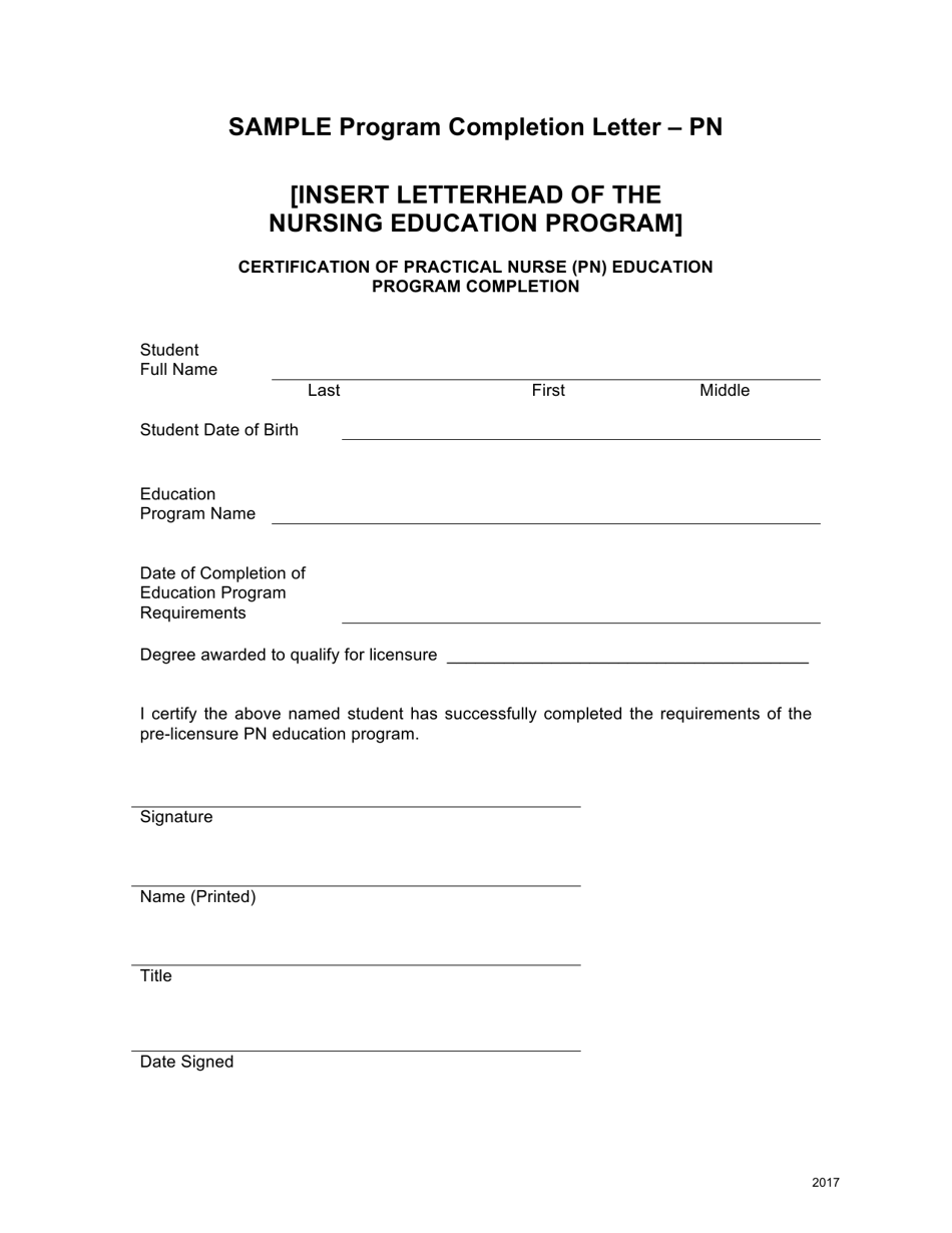 Sample Program Completion Letter Form - Pn - Ohio, Page 1