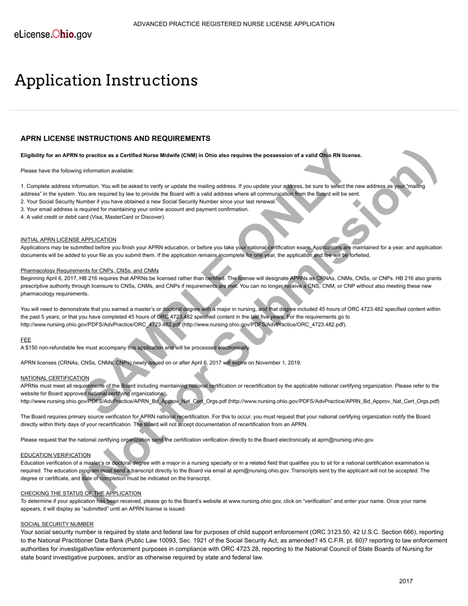 Advanced Practice Registered Nurse License Application - Ohio, Page 1