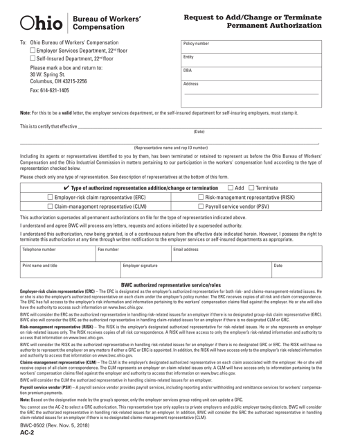 Form AC-2 (BWC-0502) Request to Add/Change or Terminate Permanent Authorization - Ohio
